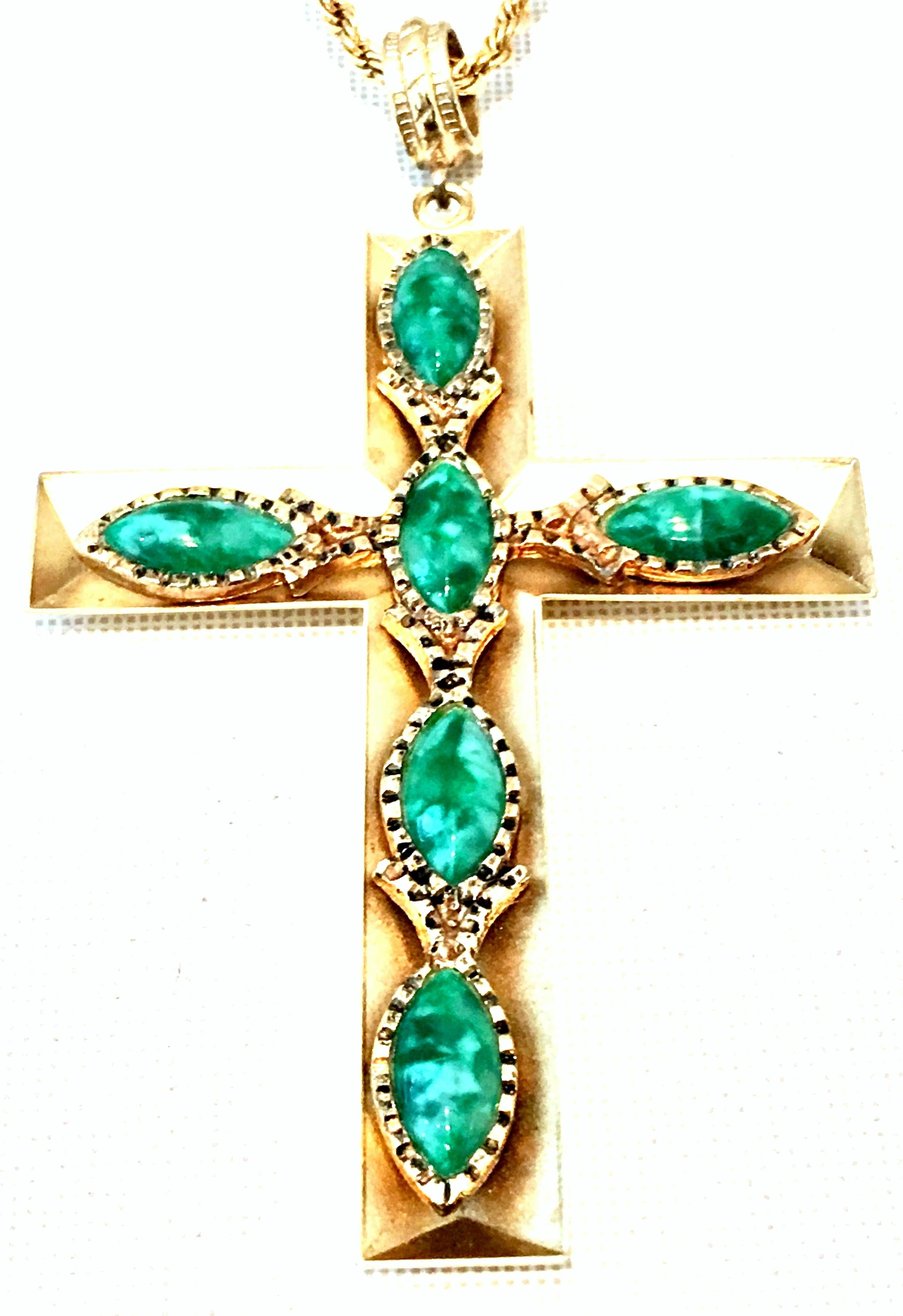 20th Century Gold & Faux Malachite Crucifix Pendant Necklace By, Trifari 1