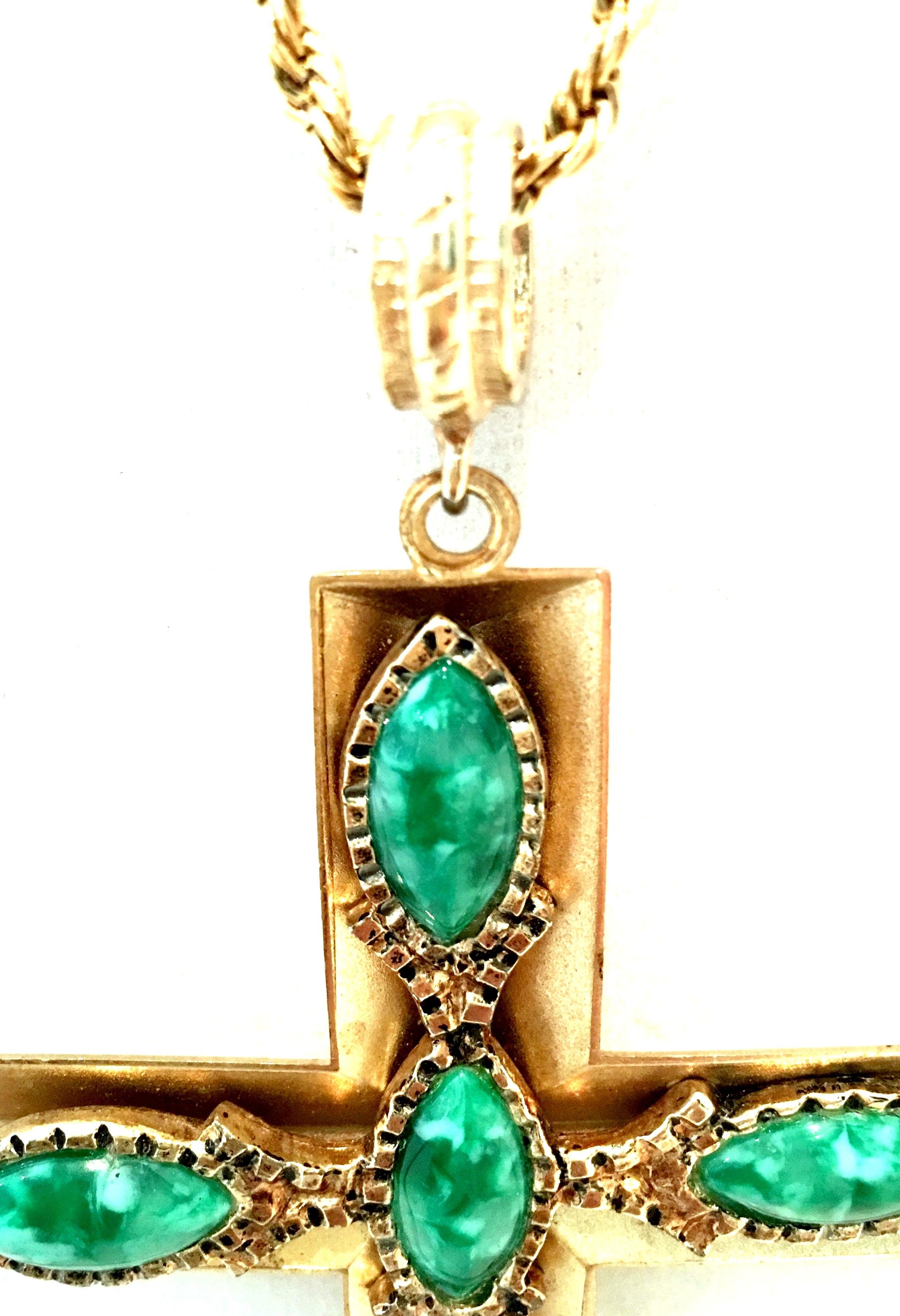 20th Century Gold & Faux Malachite Crucifix Pendant Necklace By, Trifari 3