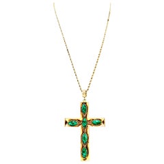 20th Century Gold & Faux Malachite Crucifix Pendant Necklace By, Trifari