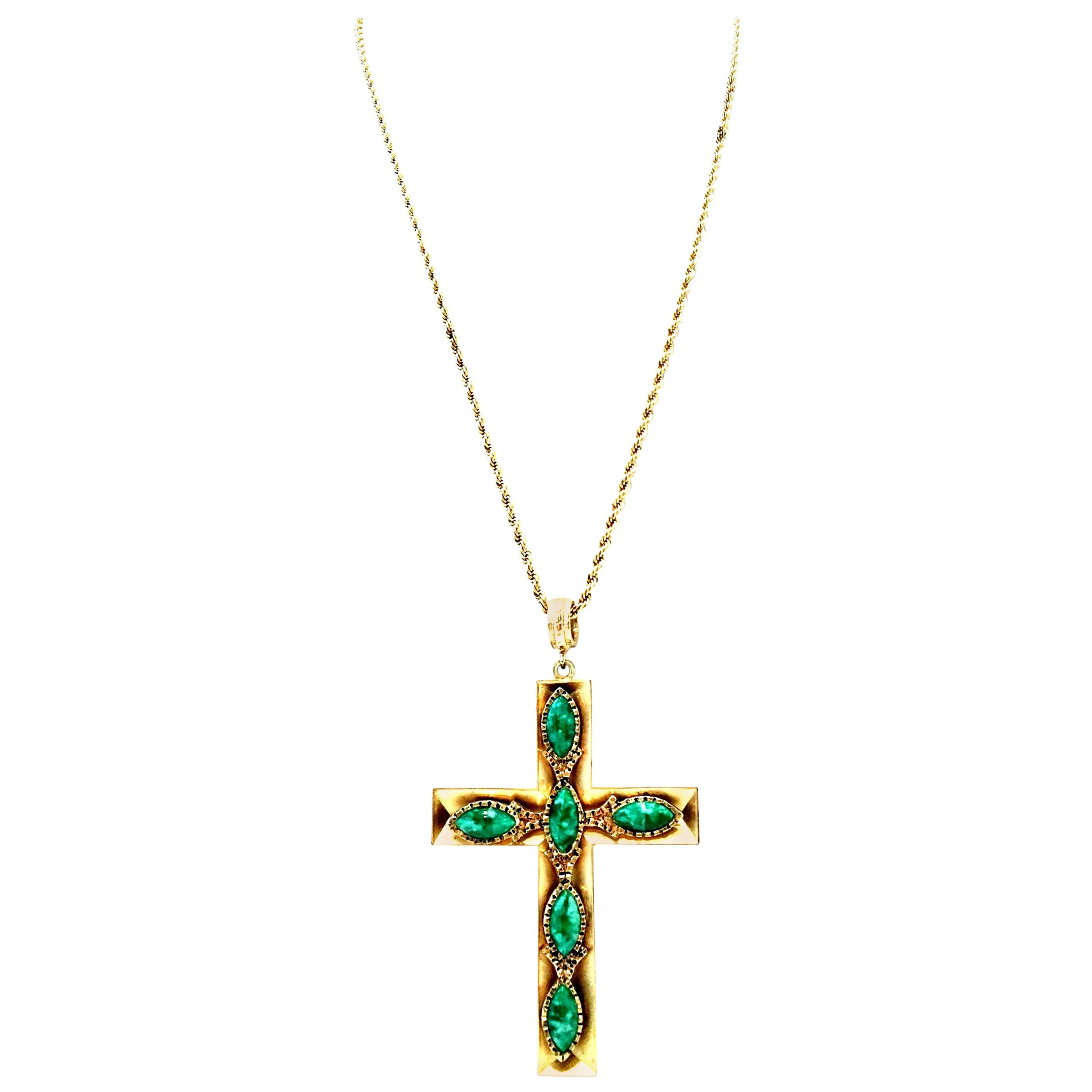 20th Century Gold & Faux Malachite Crucifix Pendant Necklace By, Trifari For Sale