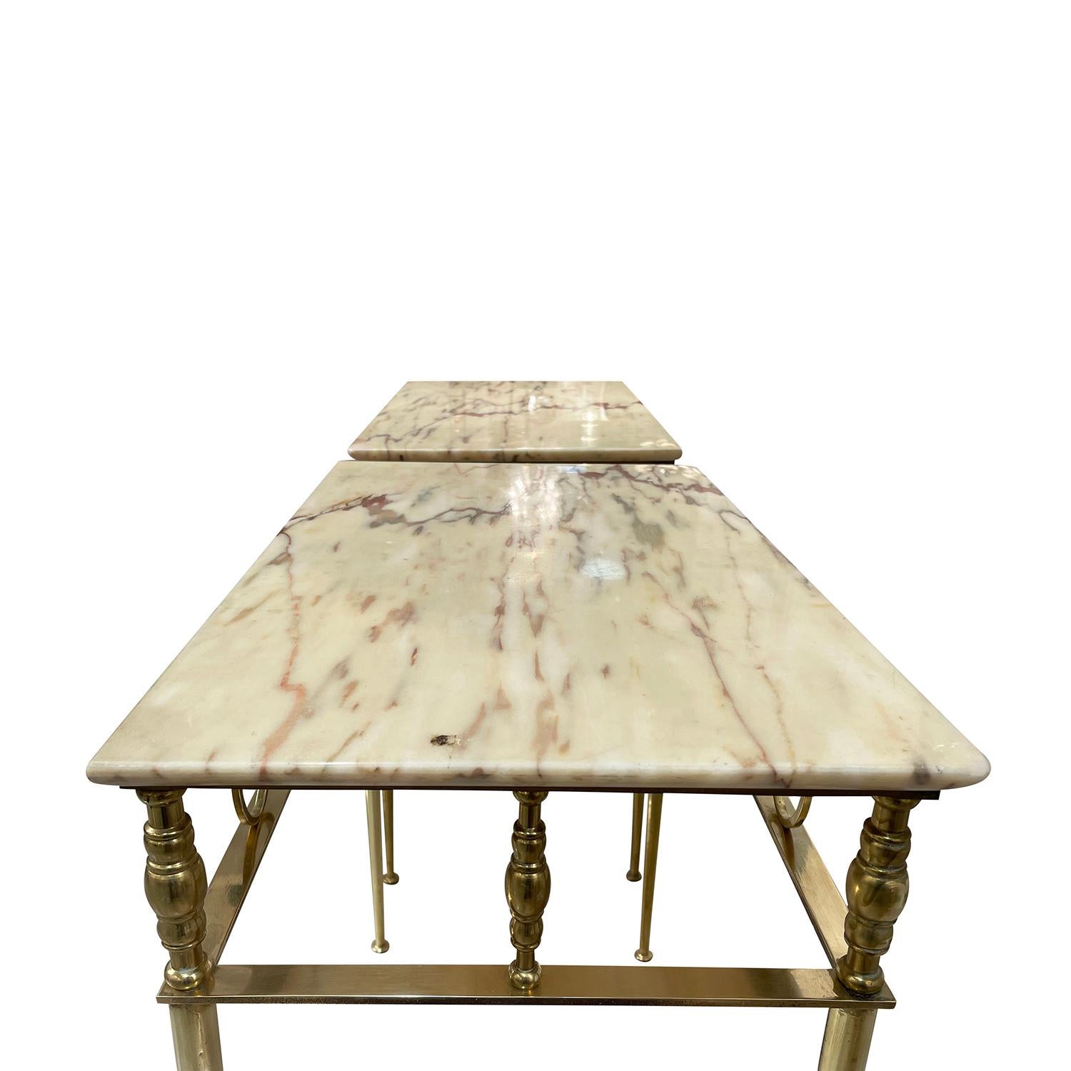 20th Century French Art Deco Pair of Vintage Marble, Brass Side Tables For Sale 5