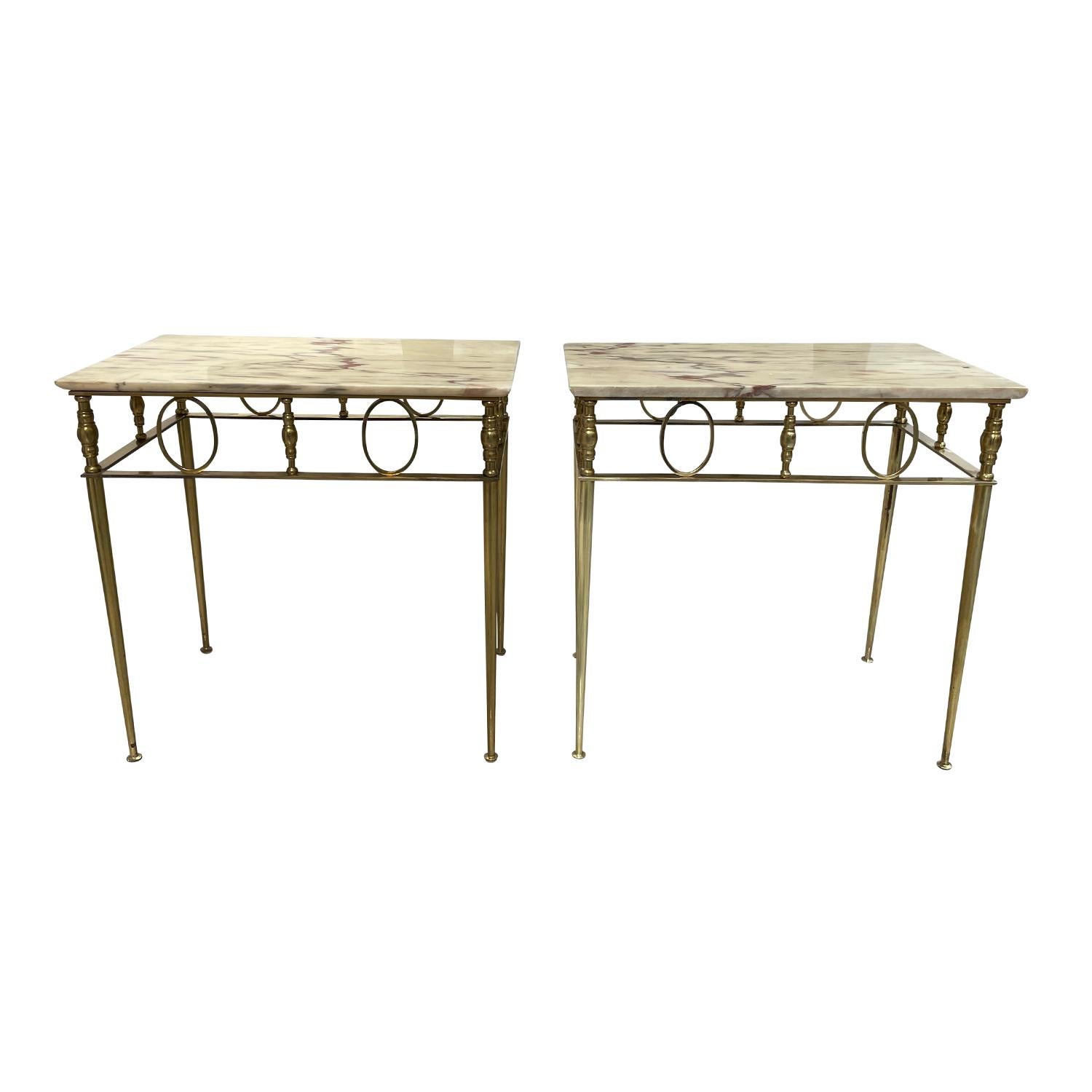 Hand-Crafted 20th Century French Art Deco Pair of Vintage Marble, Brass Side Tables For Sale