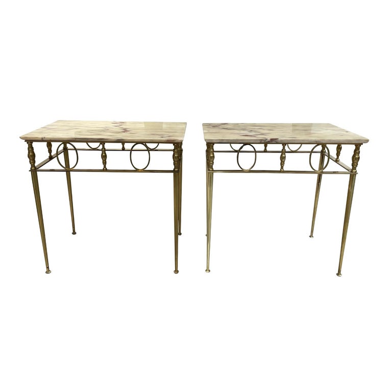 Hand-Crafted 20th Century Gold French Art Deco Pair of Vintage Marble, Brass Side Tables For Sale