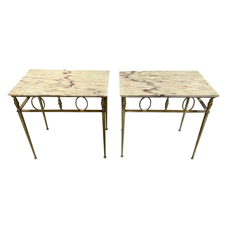 20th Century Gold French Art Deco Pair of Vintage Marble, Brass Side Tables In Good Condition For Sale In West Palm Beach, FL