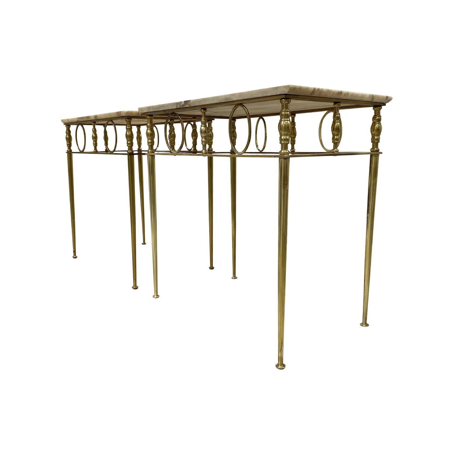 20th Century French Art Deco Pair of Vintage Marble, Brass Side Tables For Sale 1