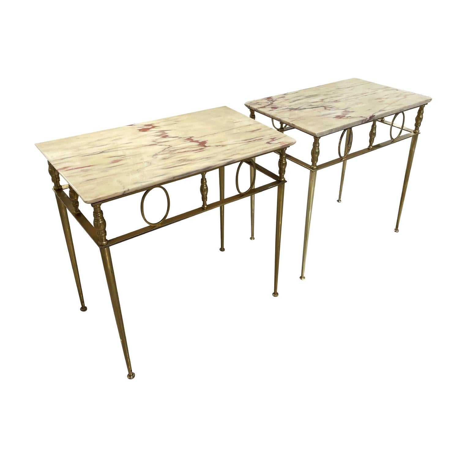 20th Century French Pair of Art Deco Vintage Marble, Brass Side Tables 2
