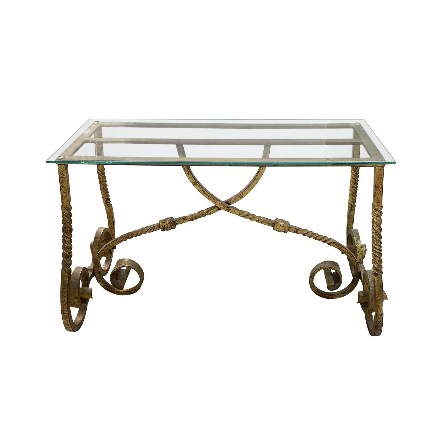 Art Deco  20th Century Gold French Table D’ore, Vintage Gilded Metal, Glass Side Table For Sale
