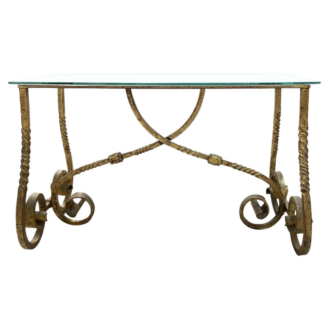  Table d'or française du 20e siècle, métal doré vintage, table d'appoint en verre