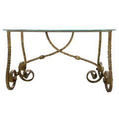  20th Century Gold French Table D’ore, Vintage Gilded Metal, Glass Side Table