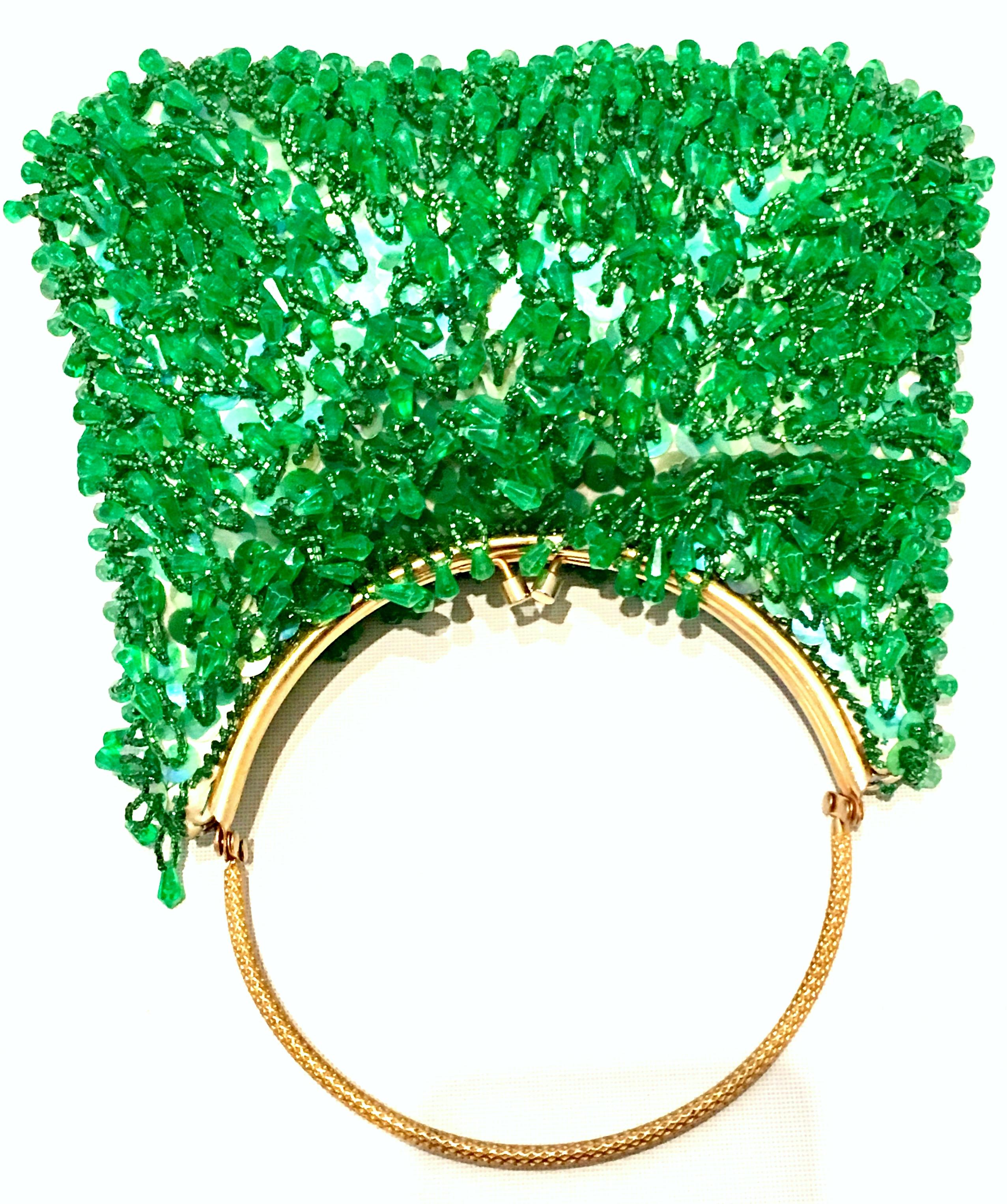 20th Century Gold & Green Crystal Bead Evening Bag By, Richere Hong Kong In Good Condition In West Palm Beach, FL