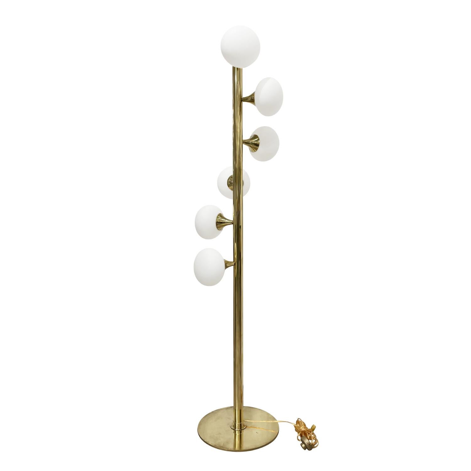 Mid-Century Modern 20th Century Gold Italian Brass, Frosted Opaline Glass Floor Lamp by Stilnovo For Sale