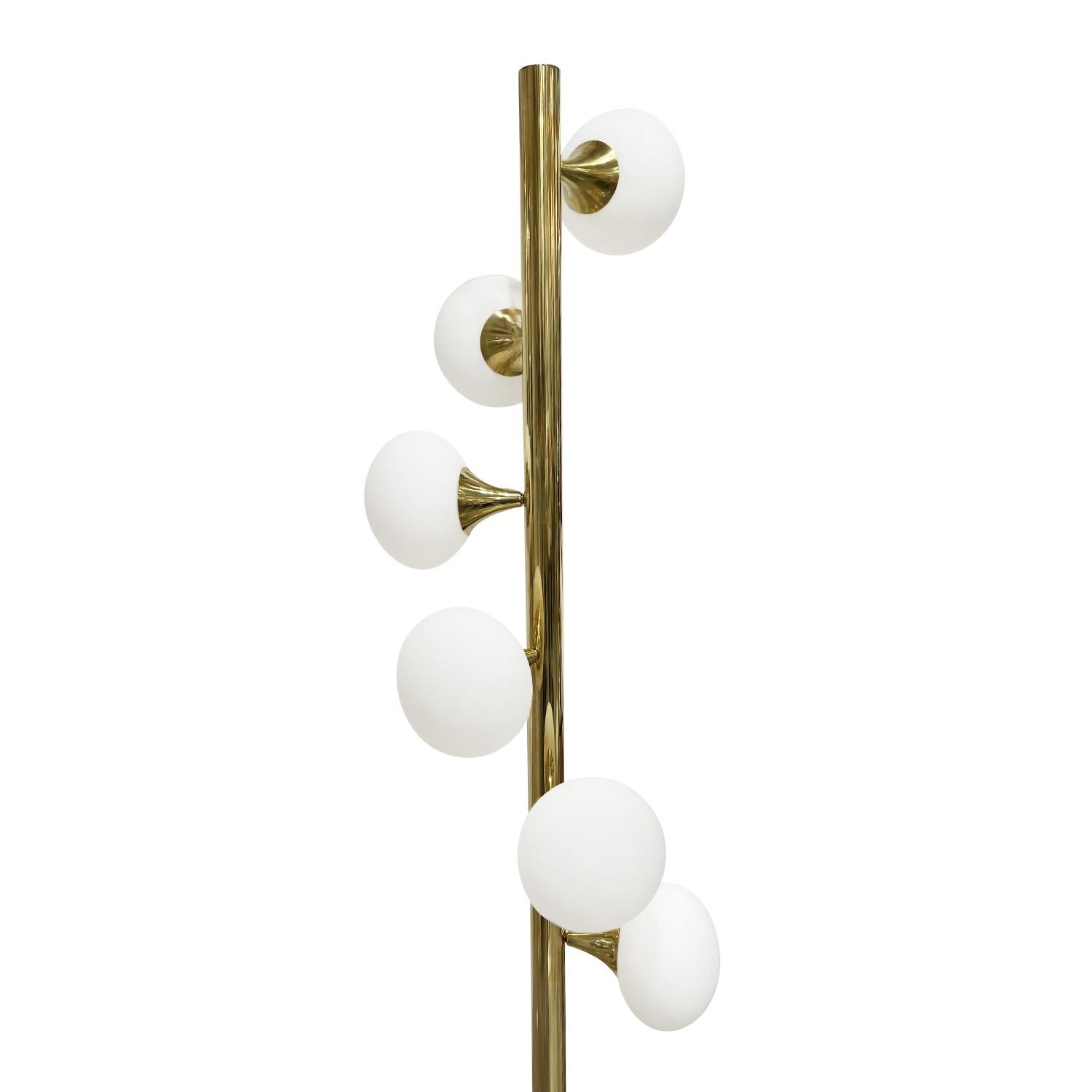 20th Century Gold Italian Brass, Frosted Opaline Glass Floor Lamp by Stilnovo In Good Condition For Sale In West Palm Beach, FL