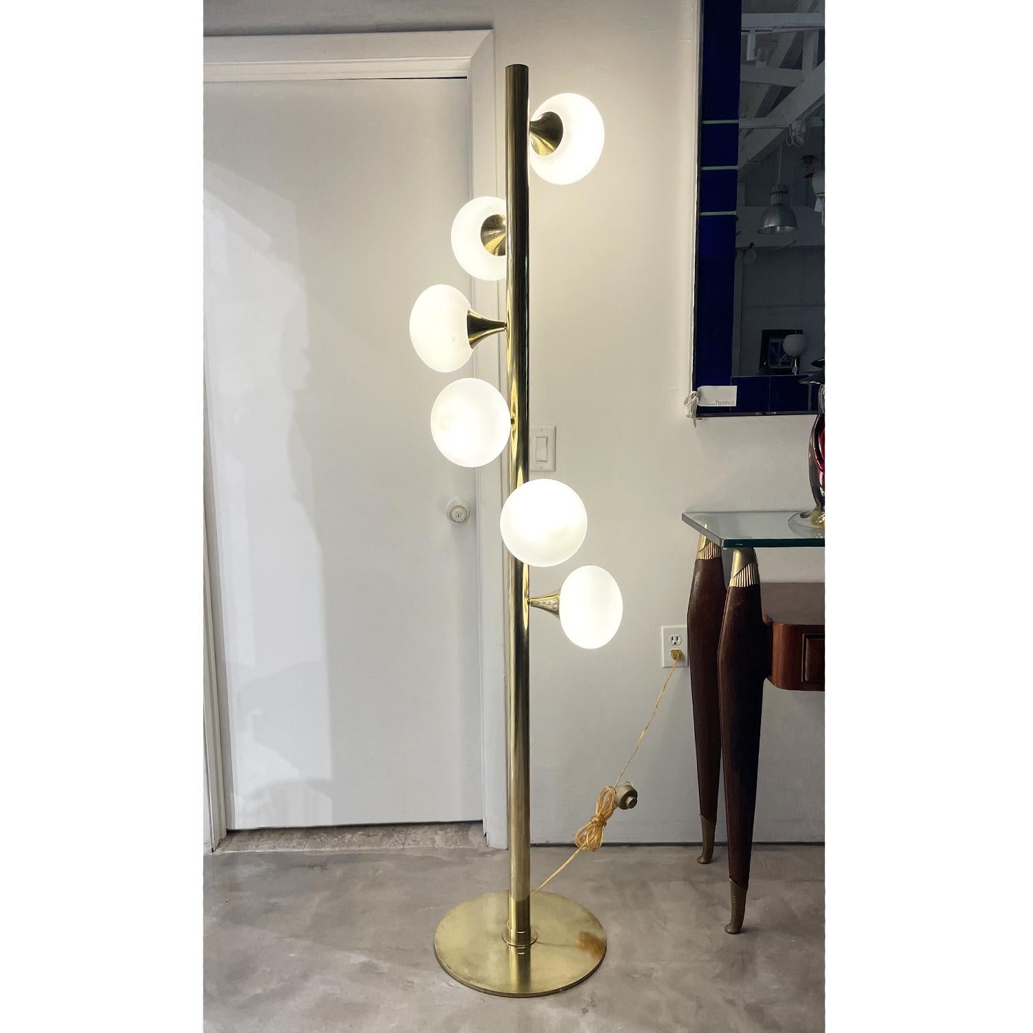 Polished 20th Century Gold Italian Brass, Frosted Opaline Glass Floor Lamp by Stilnovo For Sale
