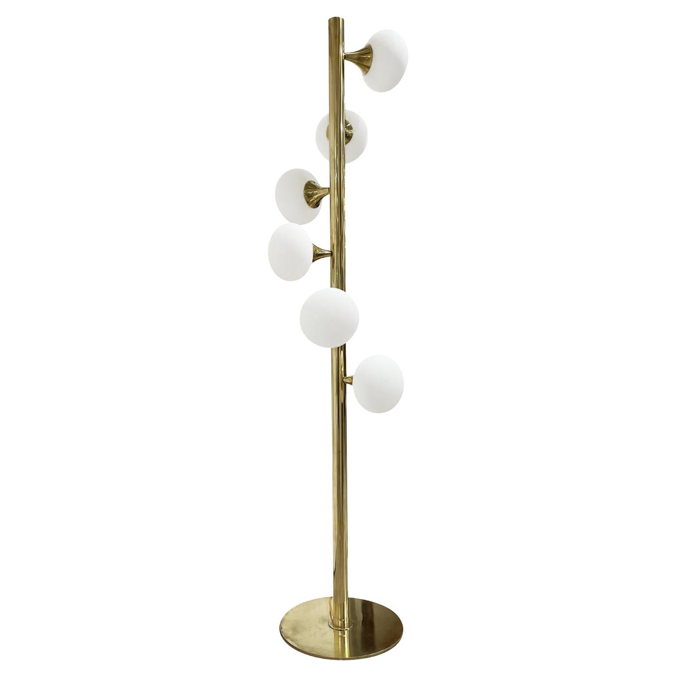20th Century Gold Italian Brass, Frosted Opaline Glass Floor Lamp by Stilnovo For Sale