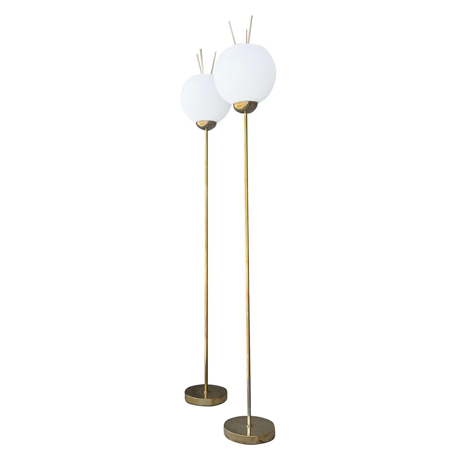 Mid-Century Modern 20th Century Gold Italian Pair of Brass, Frosted Opaline Glass Floor Lamps For Sale