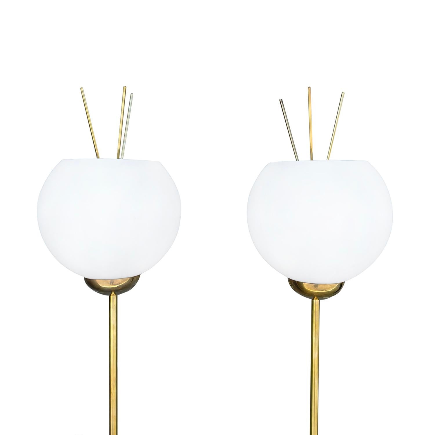 20th Century Gold Italian Pair of Brass, Frosted Opaline Glass Floor Lamps In Good Condition For Sale In West Palm Beach, FL