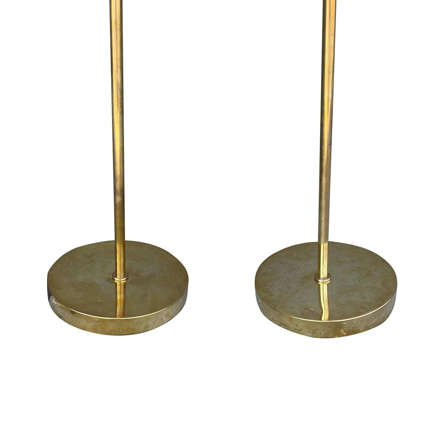 20th Century Gold Italian Pair of Brass, Frosted Opaline Glass Floor Lamps For Sale 1