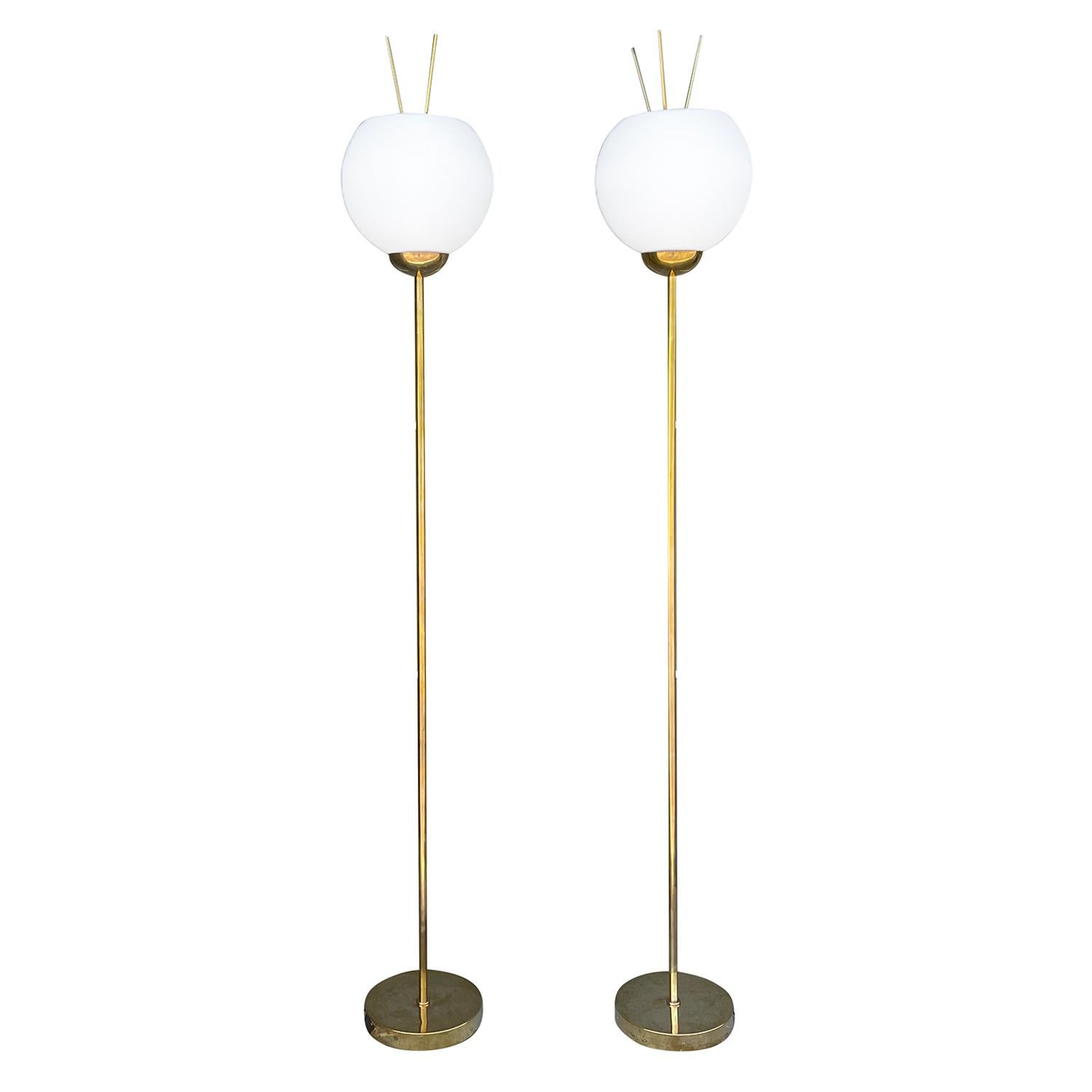 20th Century Gold Italian Pair of Brass, Frosted Opaline Glass Floor Lamps