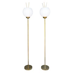 Retro 20th Century Gold Italian Pair of Brass, Frosted Opaline Glass Floor Lamps