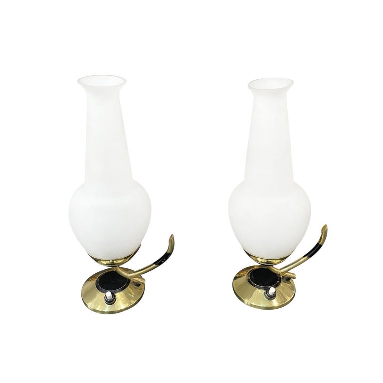 20th Century Gold Italian Pair of Small Opaline Glass Table Lights by