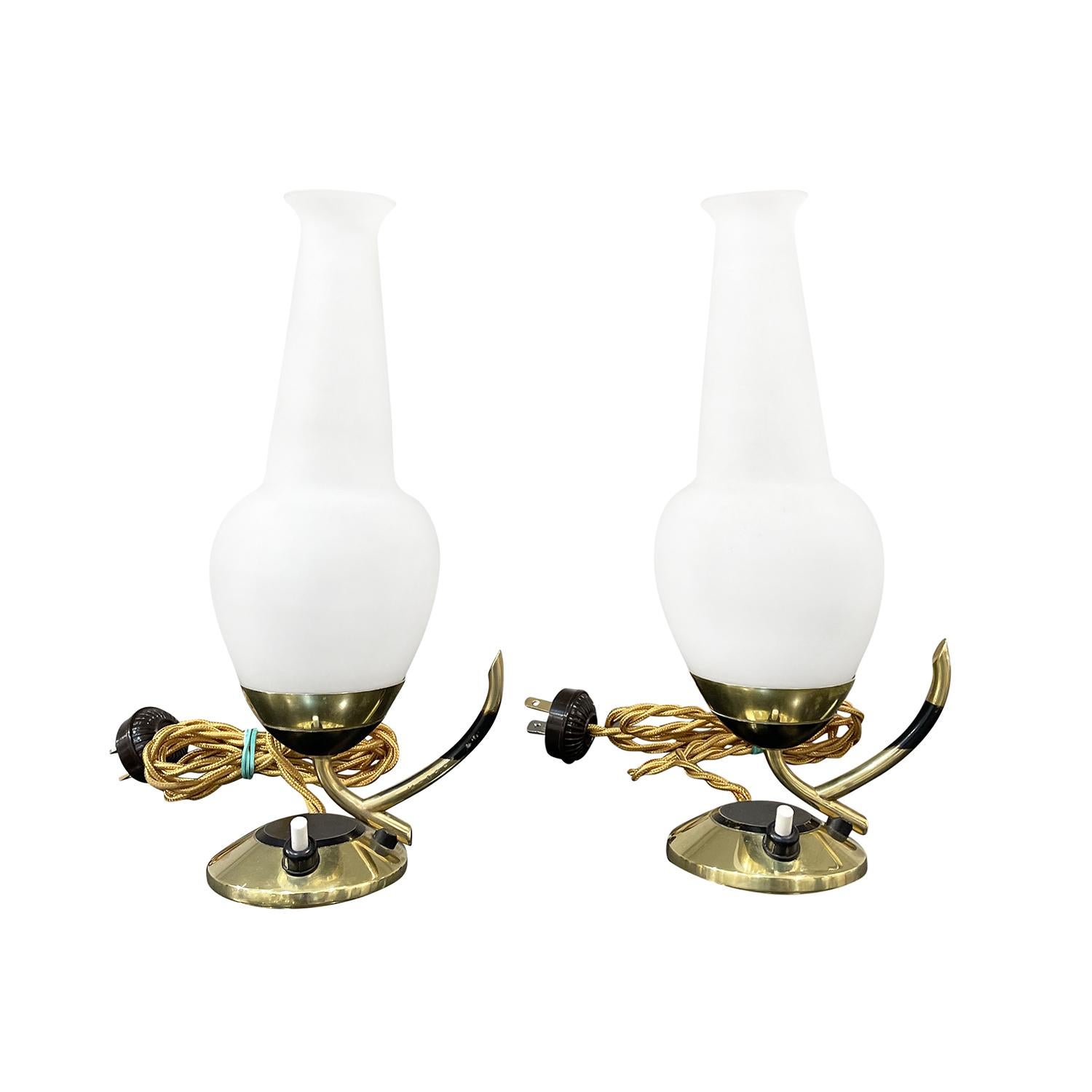 Metal 20th Century Gold Italian Pair of Small Opaline Glass Table Lights by Stilnovo For Sale