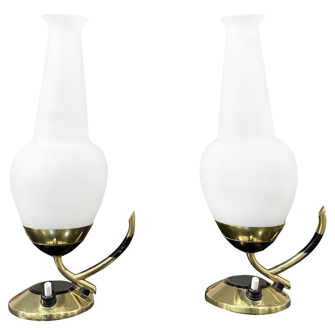 20th Century Gold Italian Pair of Small Opaline Glass Table Lights by Stilnovo For Sale