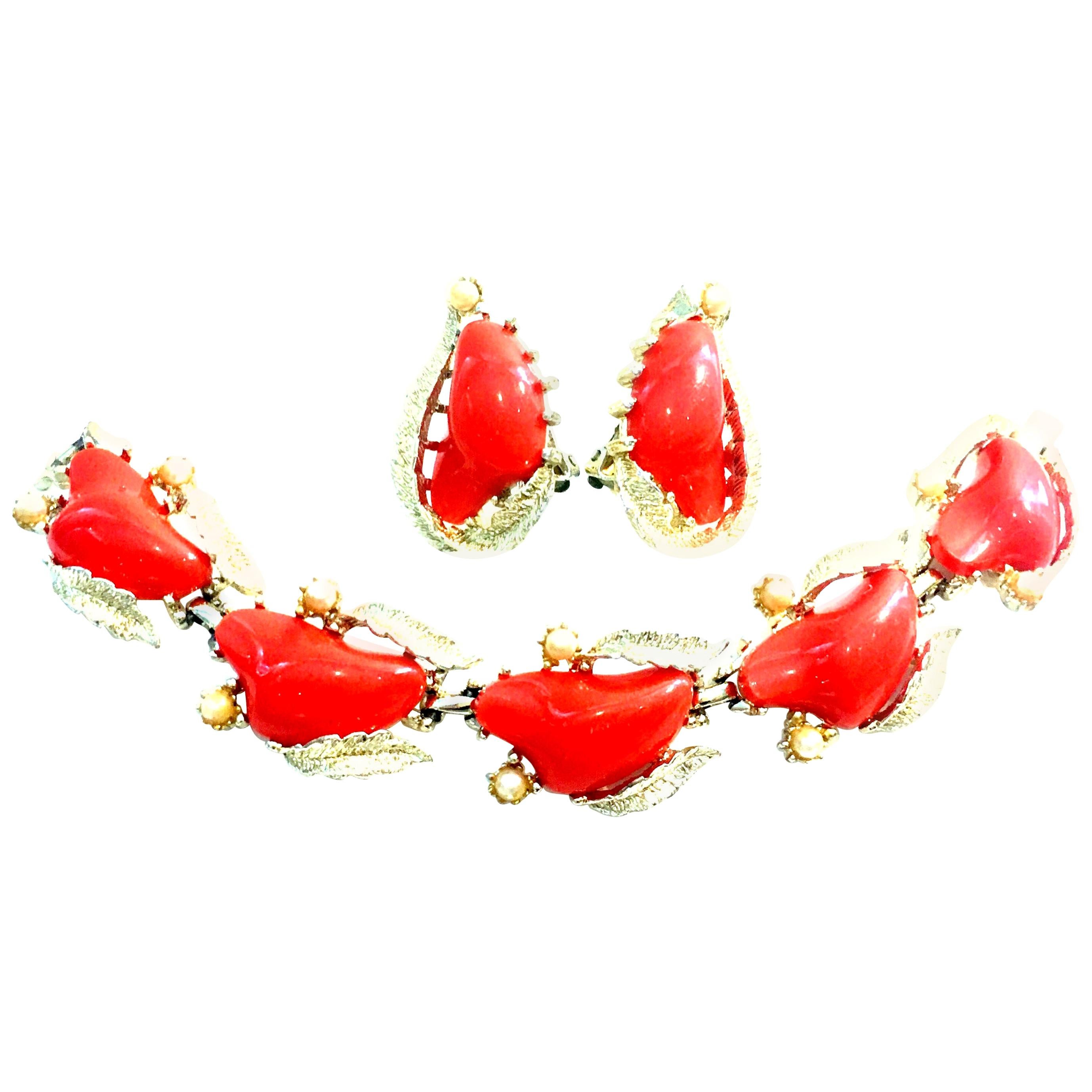 20th Century Gold, Lucite 
Faux Pearl Bracelet 
Earrings By, Coro Set Of Three For Sale