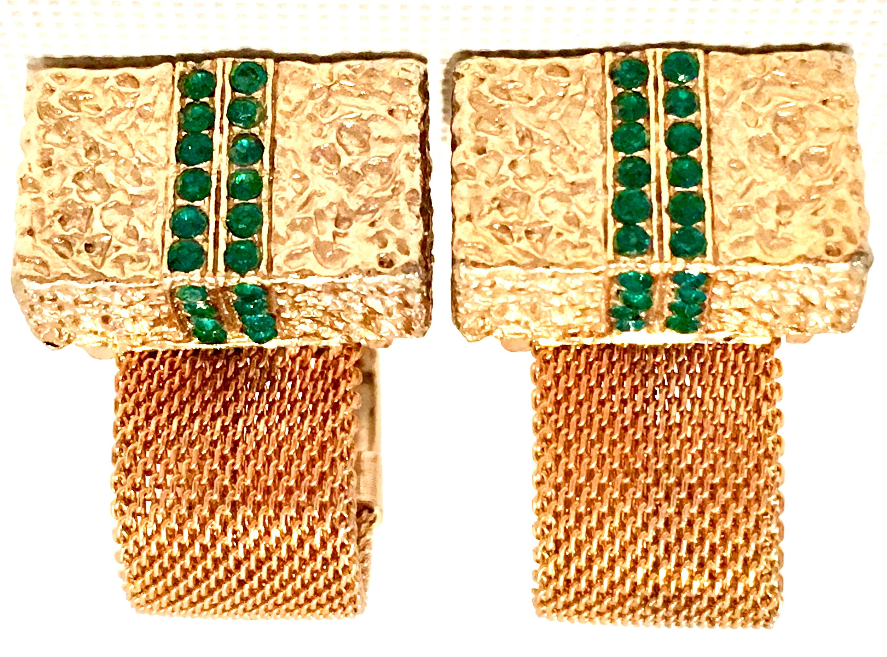 20th Century Gold Plate Metal Mesh & Emerald Green Paste Set Swarovski Crystal Rhinestone Cufflinks.