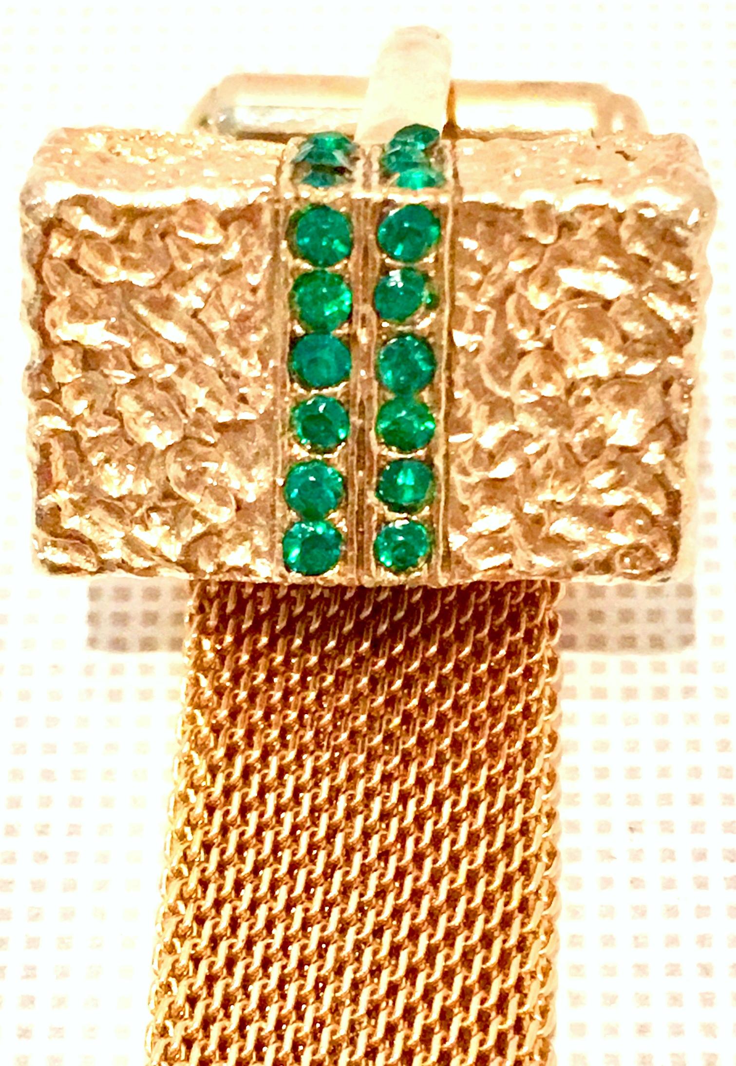 20th Century Gold Mesh & Emerald Crystal Rhinestone Cufflinks For Sale 5