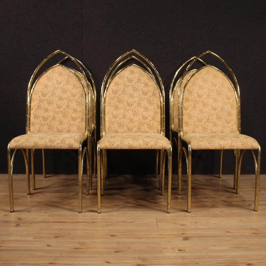 Group of six Italian design chairs from the 1970s-1980s. Furniture in golden metal chiseled faux bamboo of fabulous line and pleasant decor. Dining room or living room chairs upholstered in fabric with some signs of wear (see photos). Difficult to