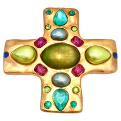 Vintage 20th Century Gold Molded Glass & Crystal Maltese Cross Brooch By, Dauplaise