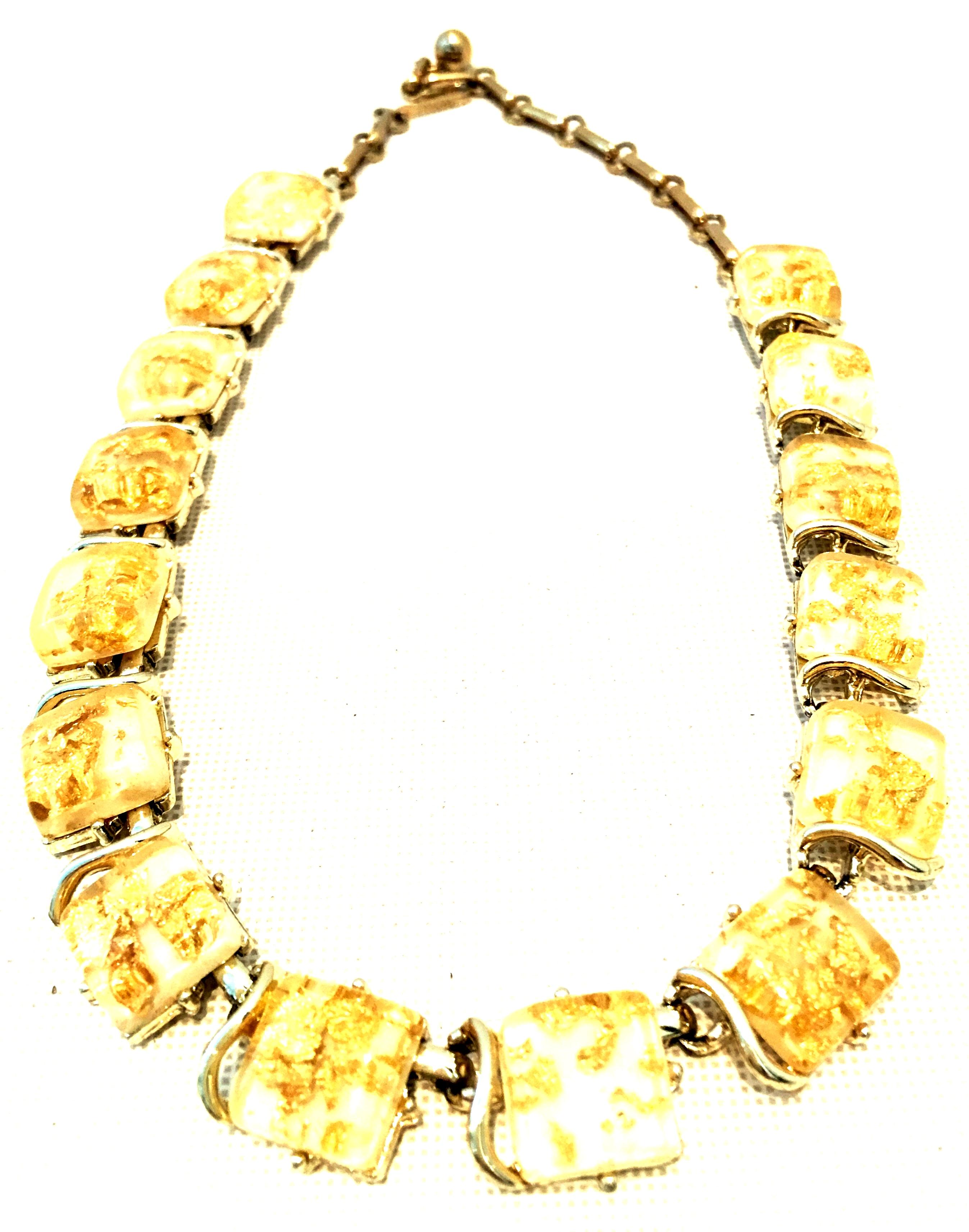 Mid-20th Century Gold Plate & 22K Gold Fleck Confetti Lucite Choker Style Necklace & Link Bracelet By, Coro S/2. This finely crafted and highly coveted demi-parure of two pieces includes a link style choker necklace and link style bracelet. each