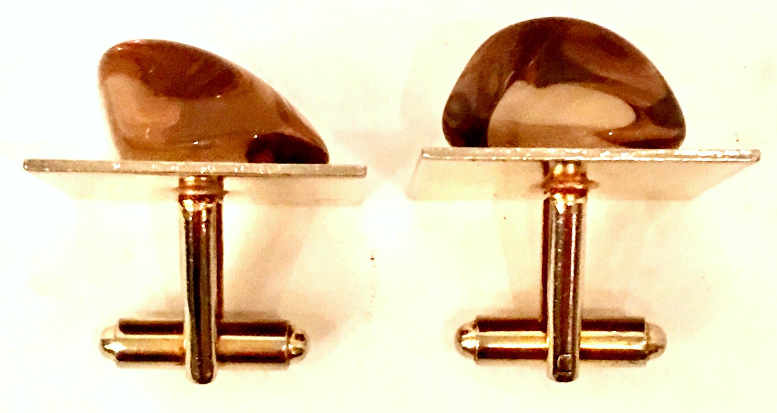 Women's or Men's 20th Century Gold Plate & Amber Glass Cufflinks For Sale