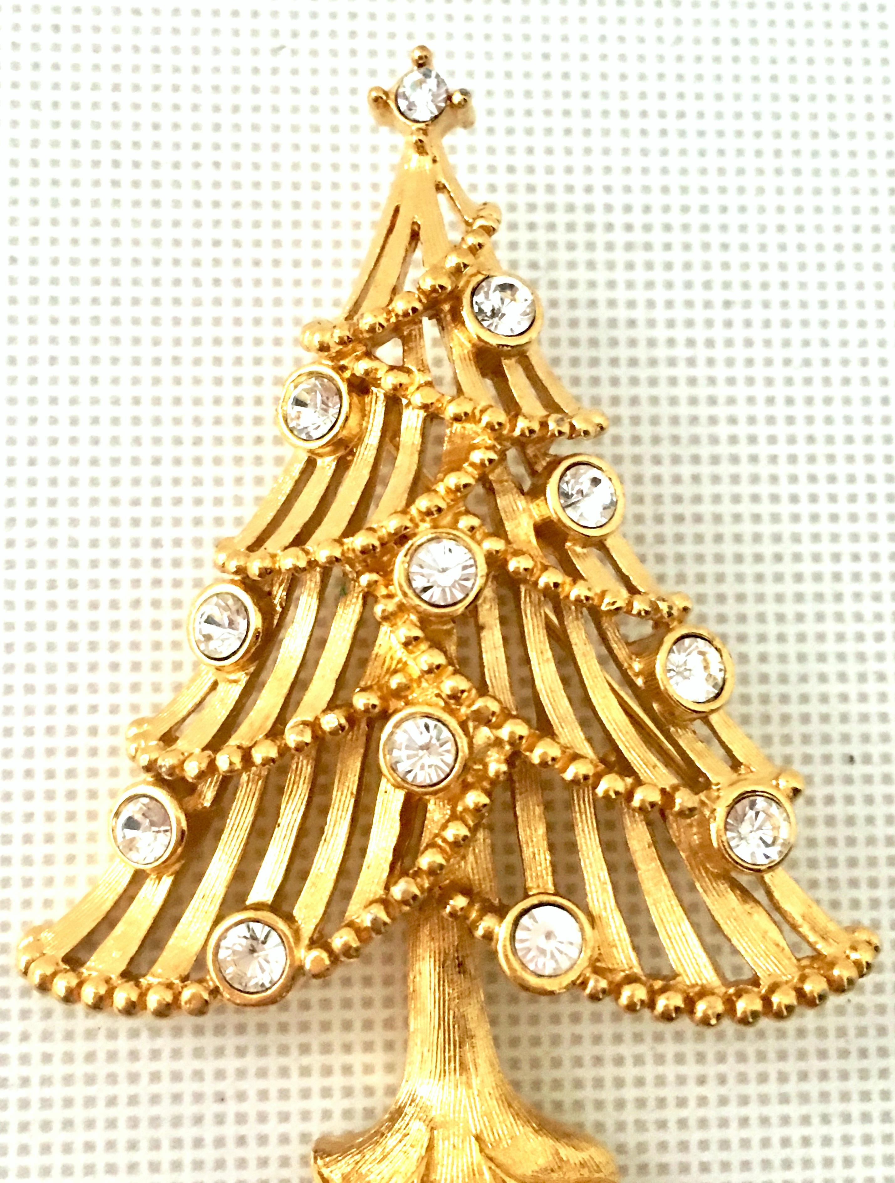 20th Century Gold Plate & Austrian Crystal Dimensional Christmas Tree Brooch 1
