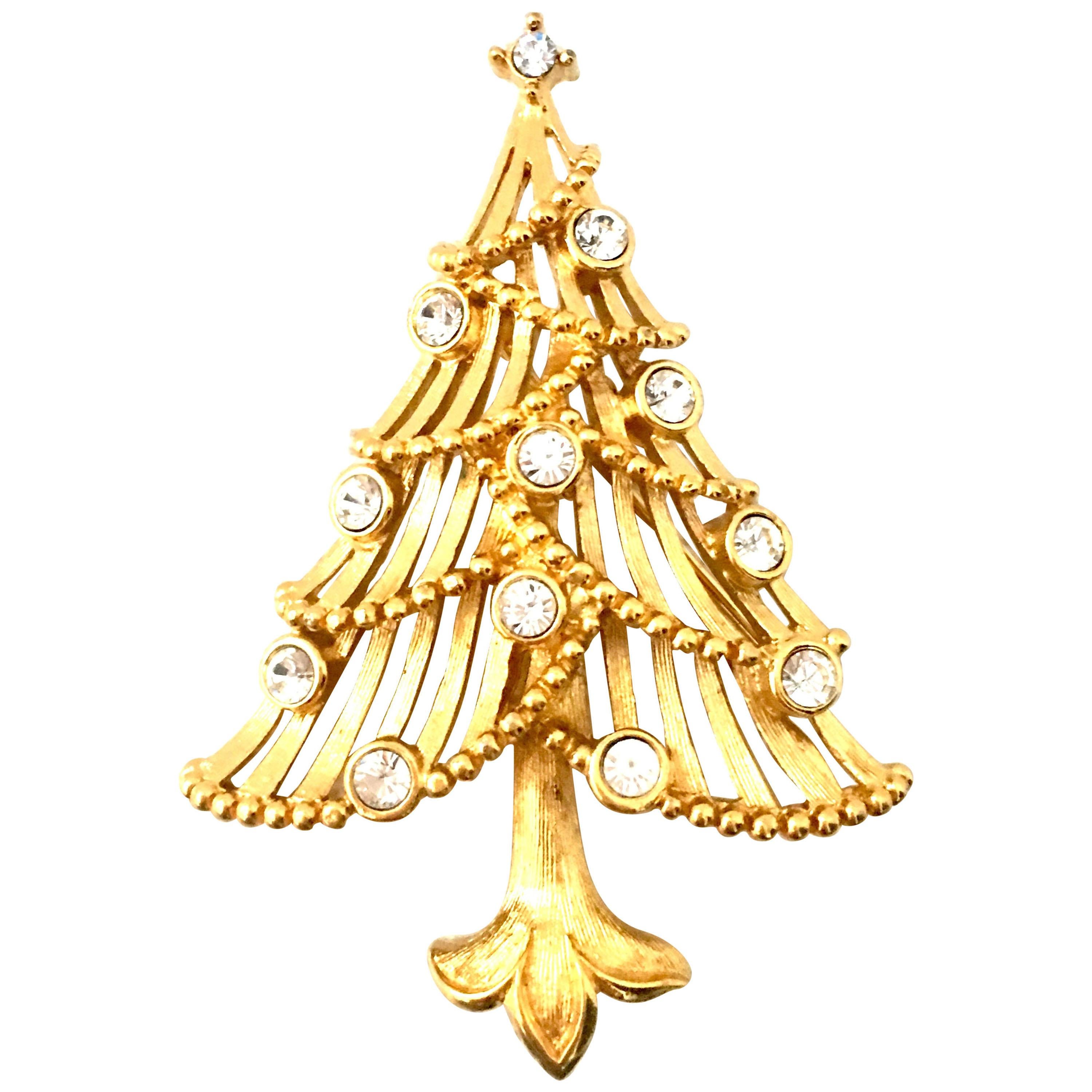 20th Century Gold Plate & Austrian Crystal Dimensional Christmas Tree Brooch