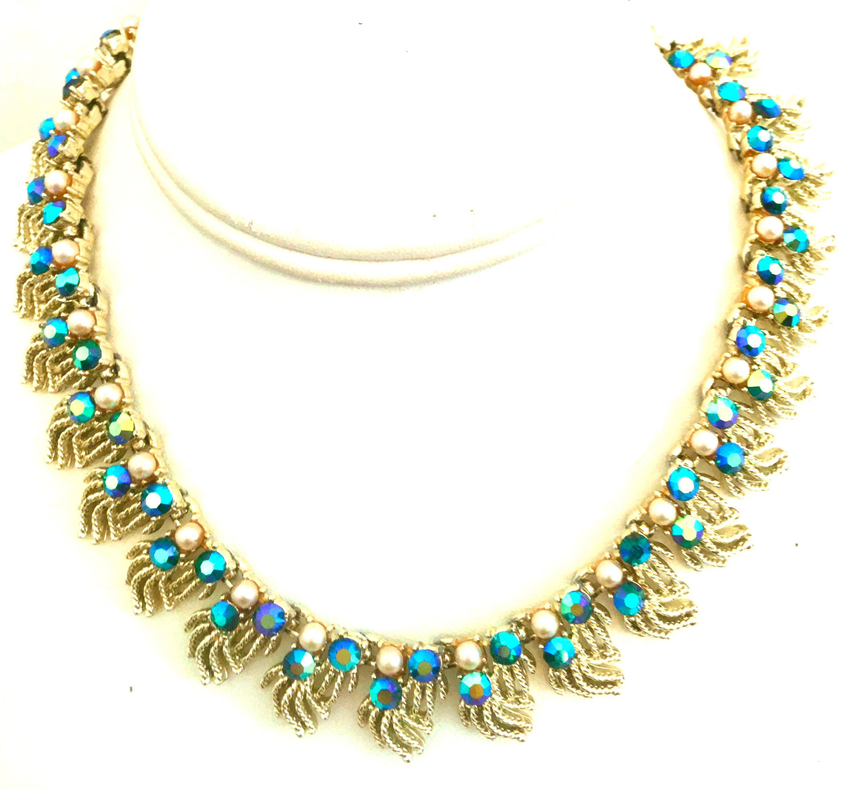 1950's Coro Gold Plate & Austrian Crystal Faux Pearl Choker Necklace . This modern gold plate adjustable choker style necklace features a link design, structured and dimensional fringe detail and brilliant Austrian aurora borealis fancy prong set