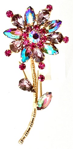 20th Century Gold Plate & Austrian Crystal Flower Brooch