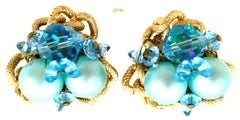 20th Century Gold Plate & Blue Bead Clip Style Pair Of Earrings
