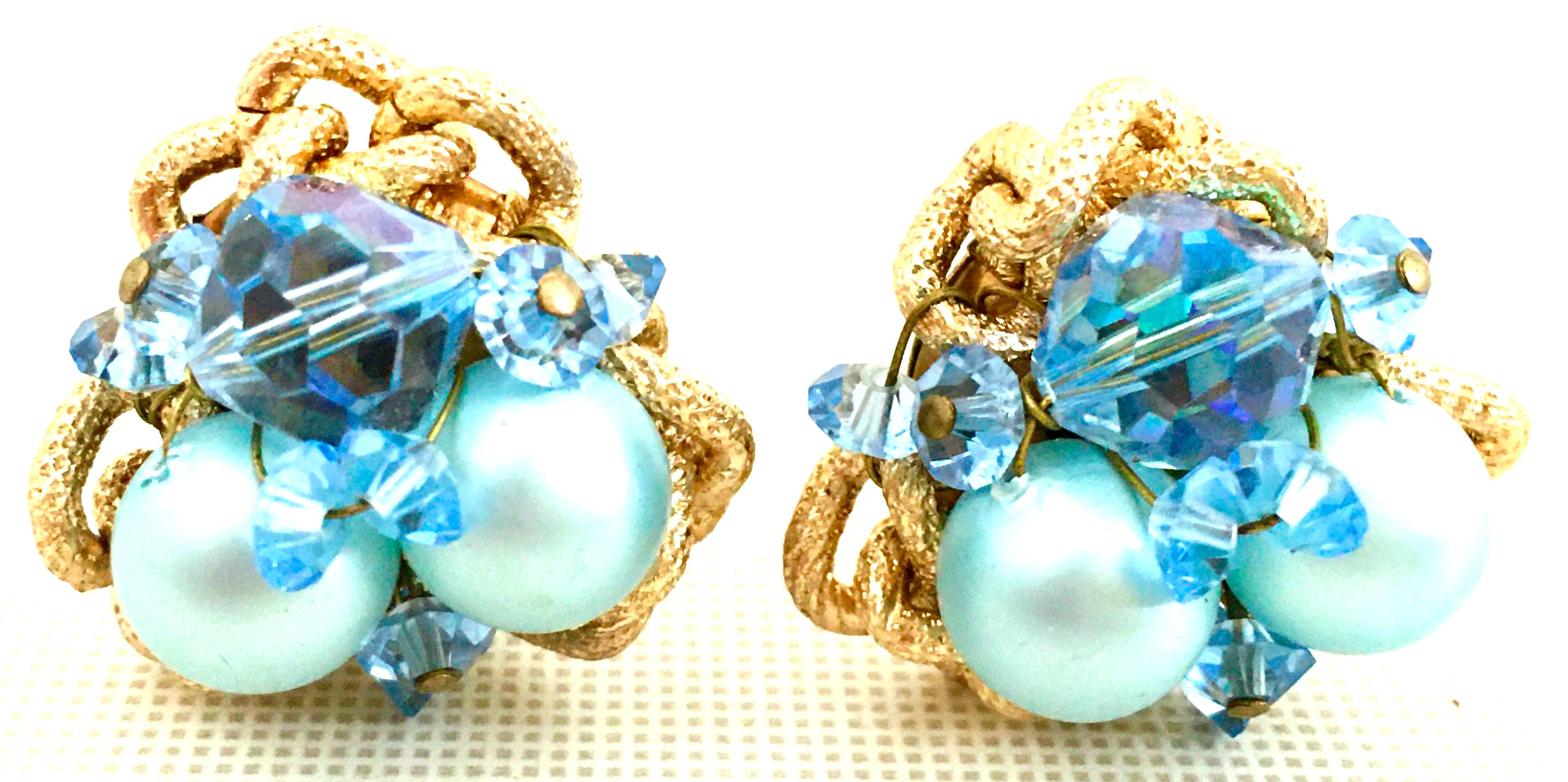 20th Century Gold Plate & Blue Bead Clip Style Pair Of Earrings In Good Condition For Sale In West Palm Beach, FL
