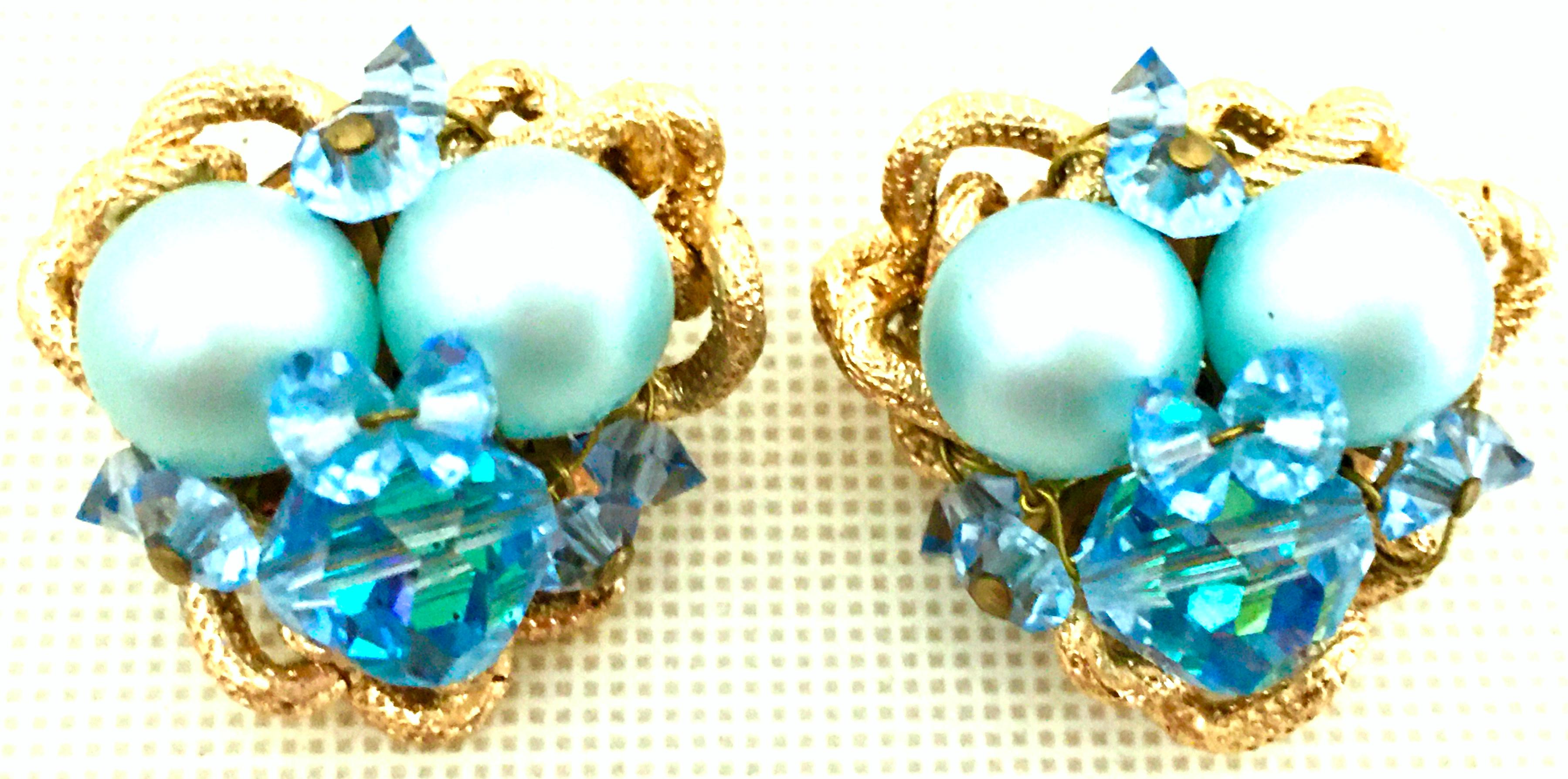 Women's or Men's 20th Century Gold Plate & Blue Bead Clip Style Pair Of Earrings For Sale