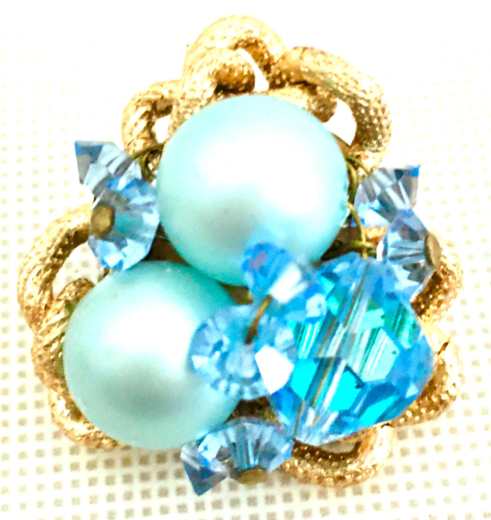 20th Century Gold Plate & Blue Bead Clip Style Pair Of Earrings For Sale 1