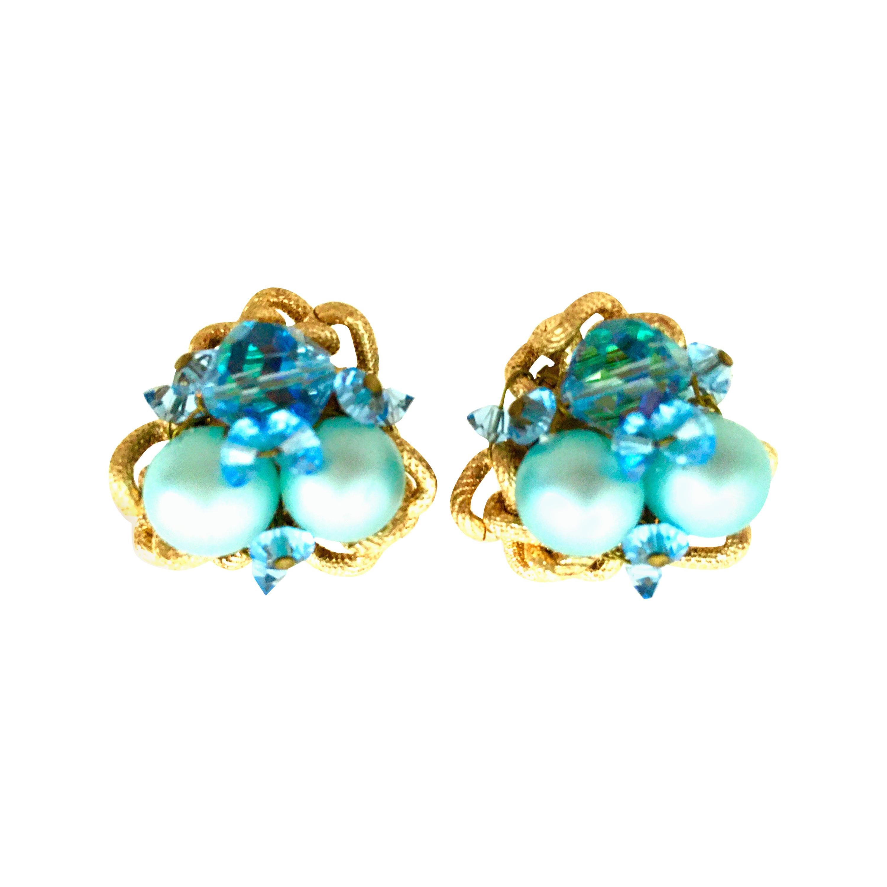 20th Century Gold Plate & Blue Bead Clip Style Pair Of Earrings For Sale