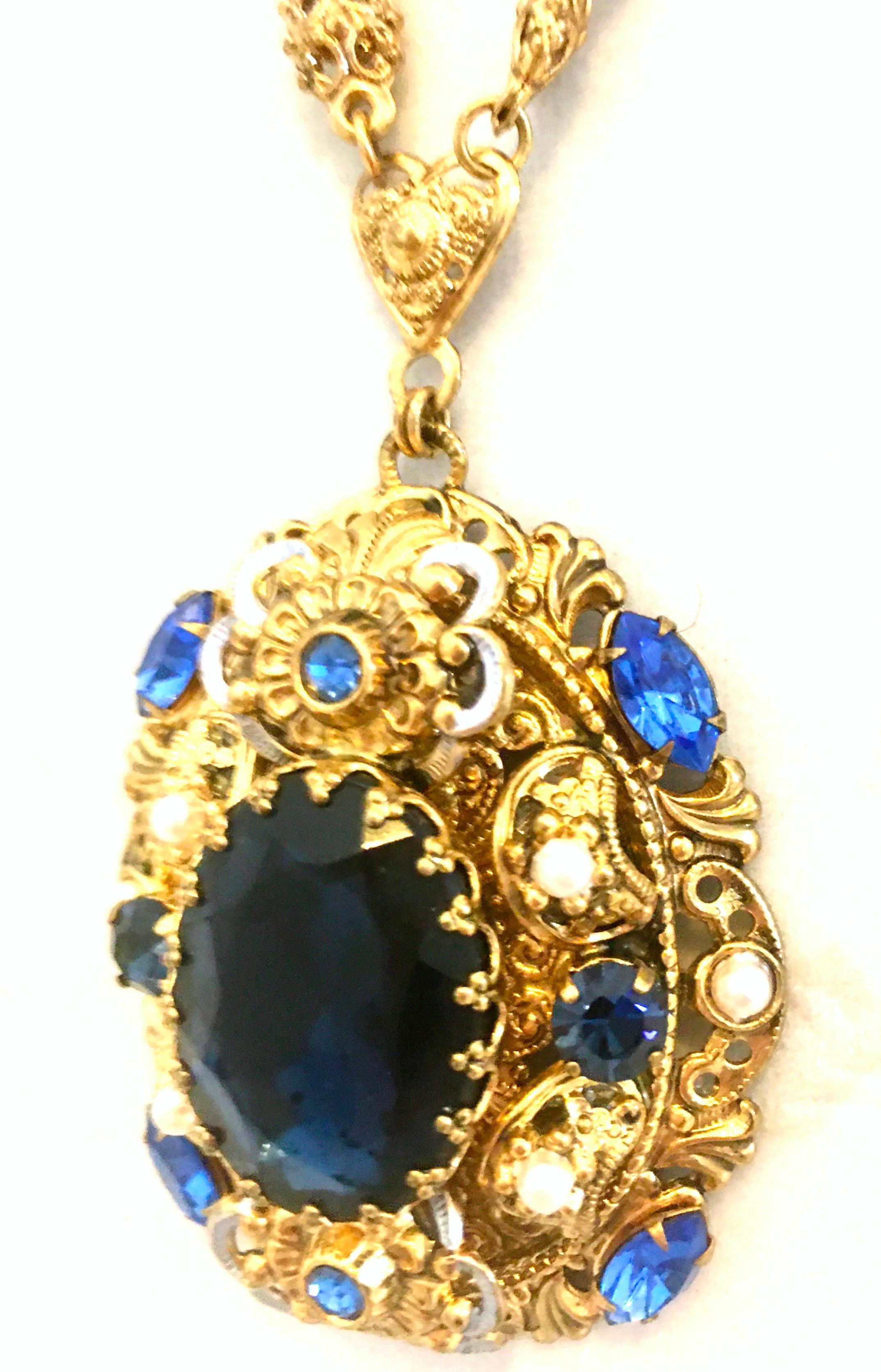 20th Century Gold Plate & Blue Sapphire And Faux Pearl Crystal Bohemia  Necklace In Good Condition For Sale In West Palm Beach, FL