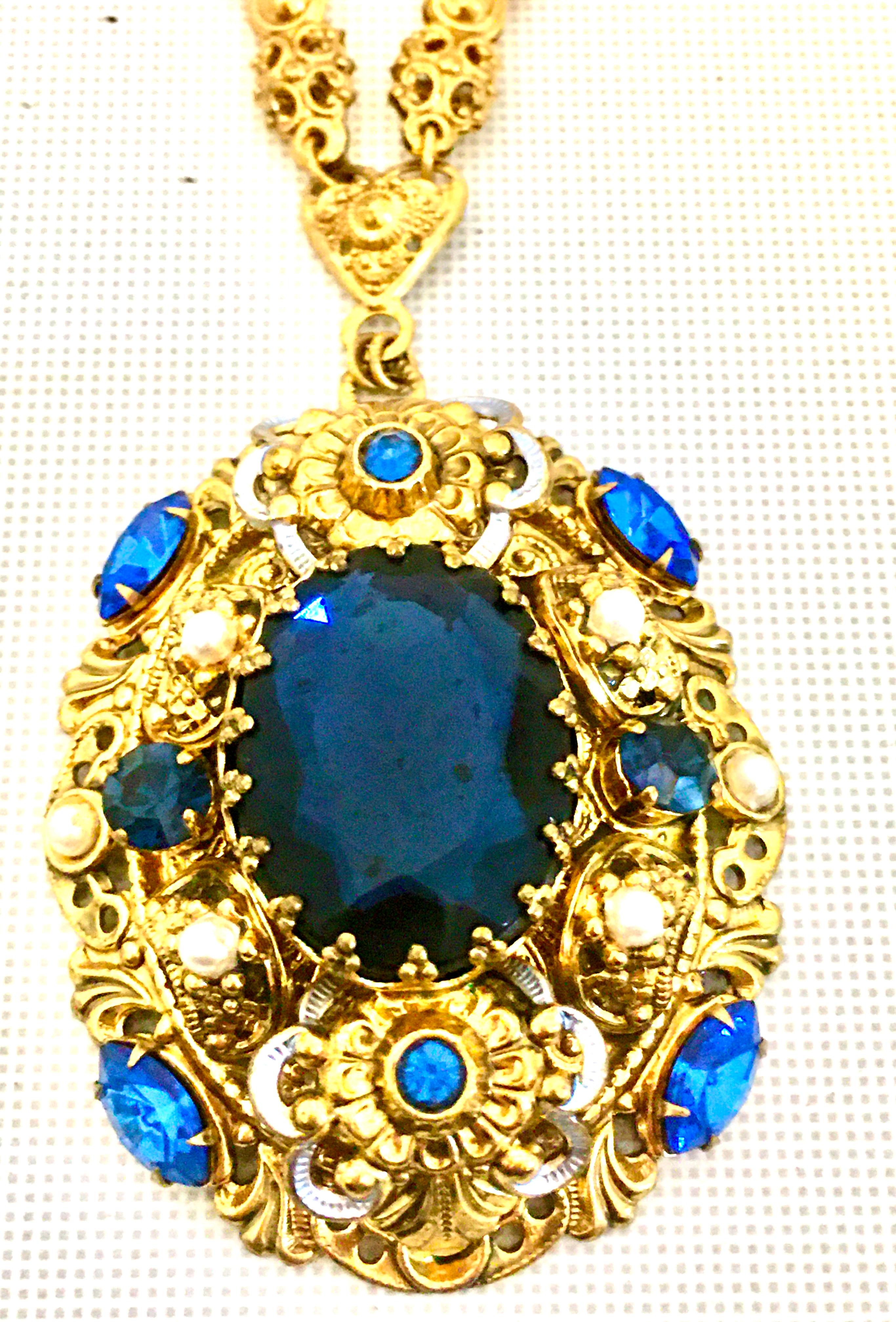 Women's or Men's 20th Century Gold Plate & Blue Sapphire And Faux Pearl Crystal Bohemia  Necklace For Sale