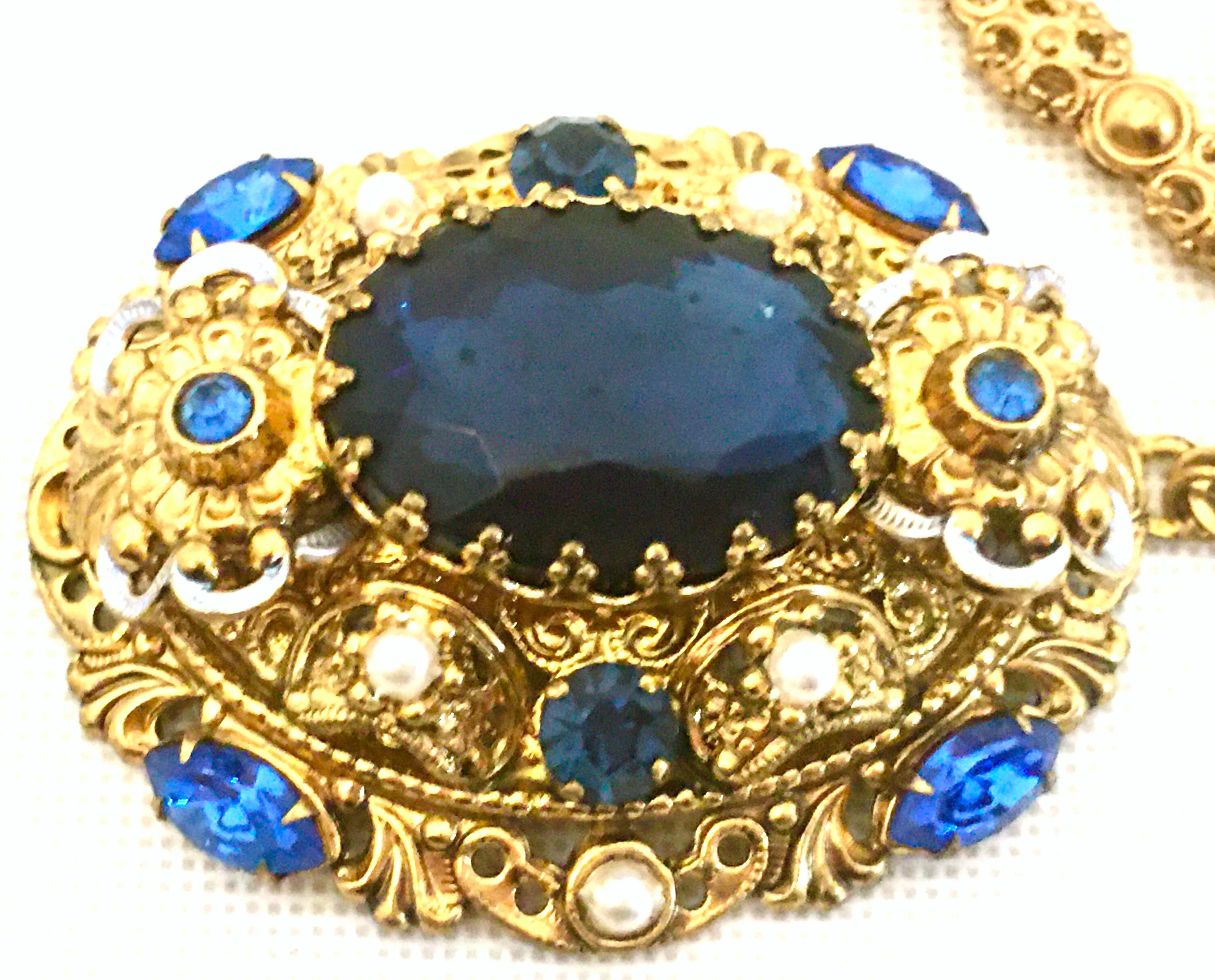 20th Century Gold Plate & Blue Sapphire And Faux Pearl Crystal Bohemia  Necklace For Sale 1
