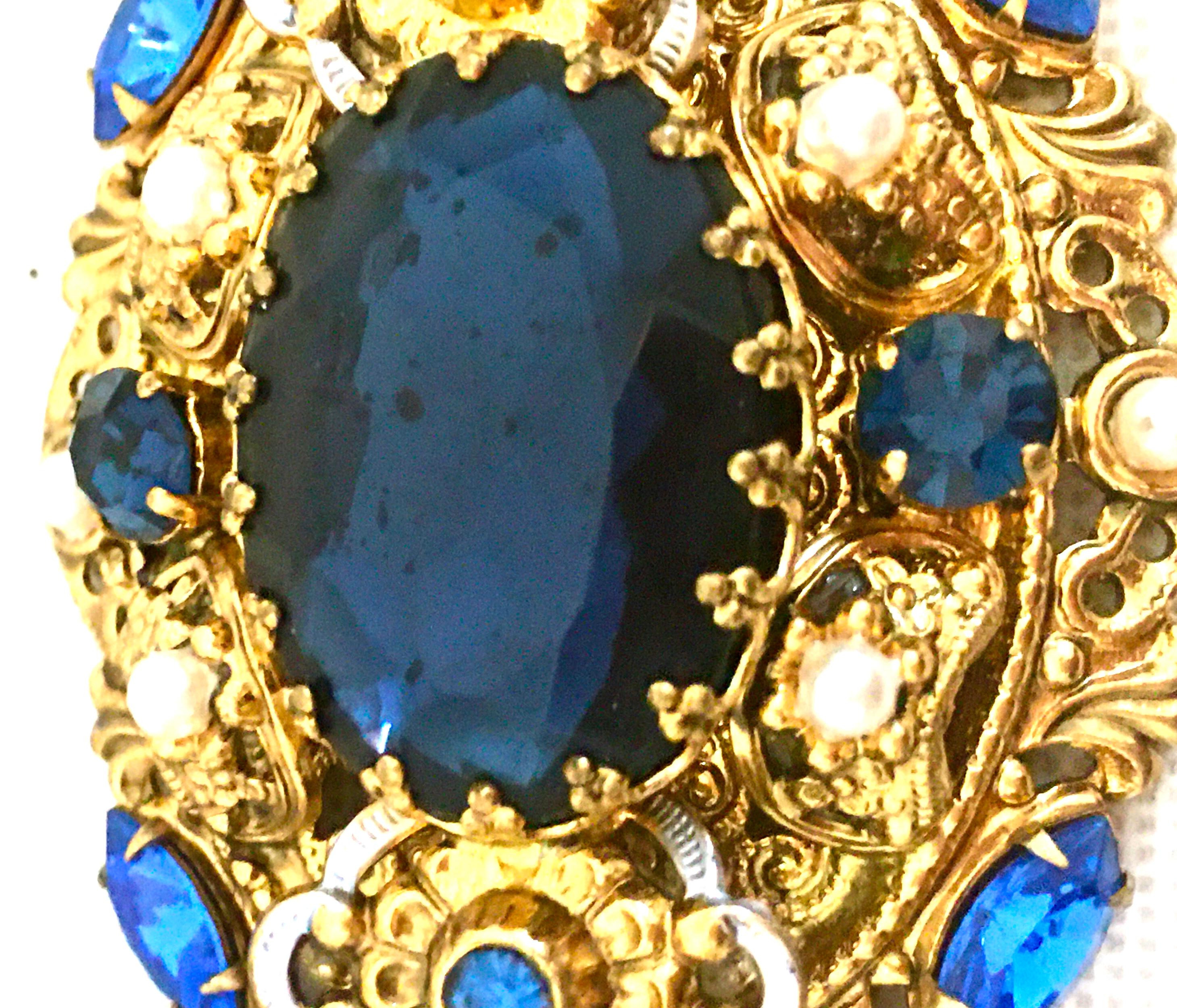 20th Century Gold Plate & Blue Sapphire And Faux Pearl Crystal Bohemia  Necklace For Sale 2