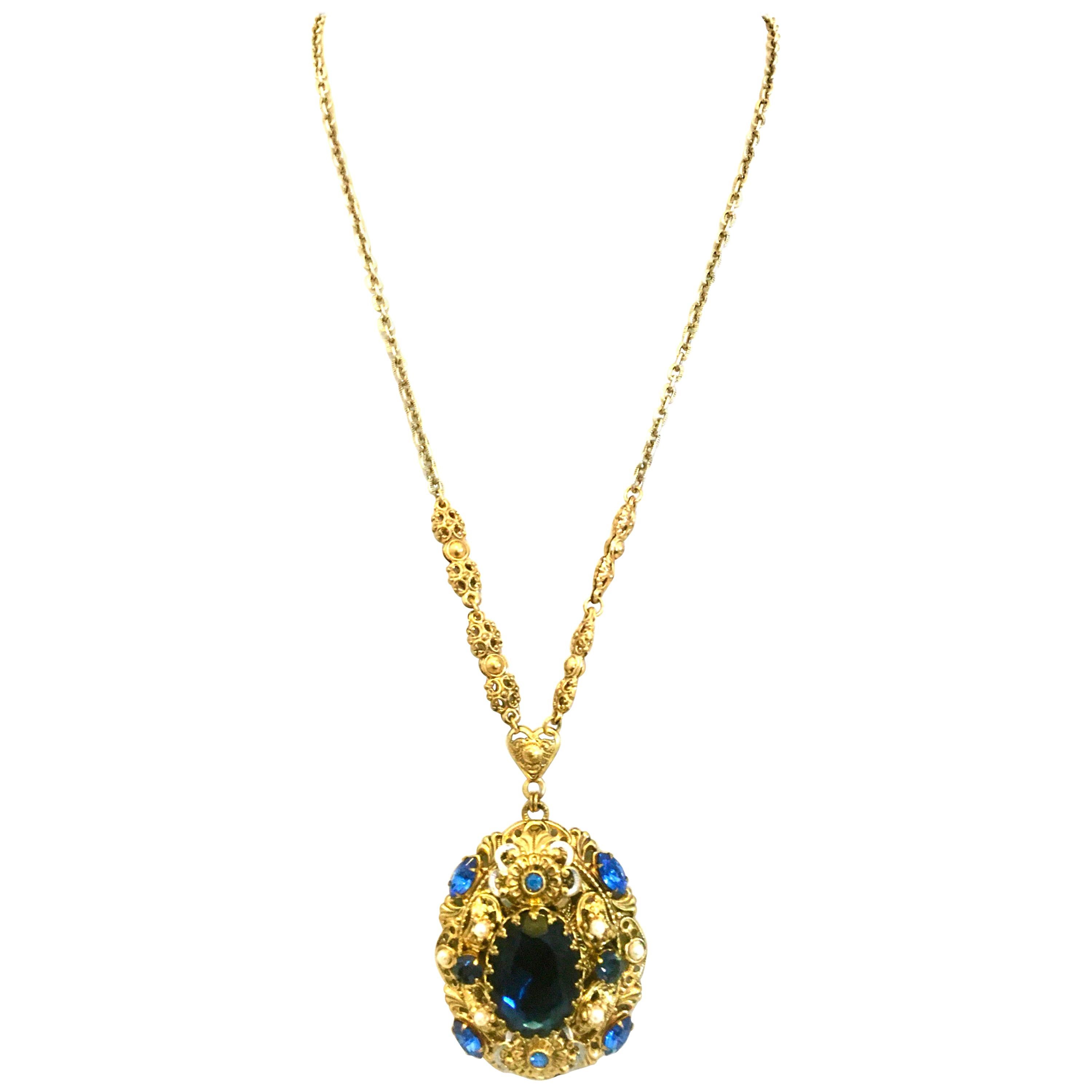20th Century Gold Plate & Blue Sapphire Crystal Necklace. This European Bohemia 