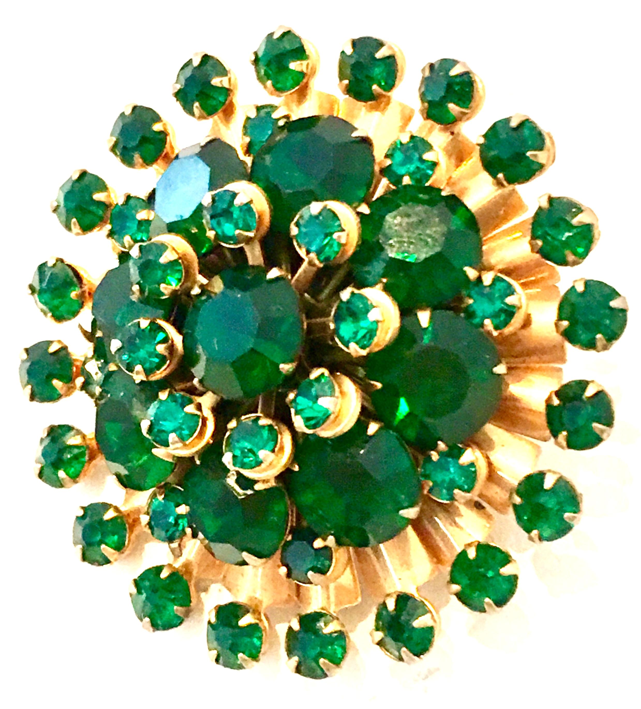 Women's or Men's 20th Century Gold Plate & Emerald Austrian Crystal Dimensional Brooch For Sale