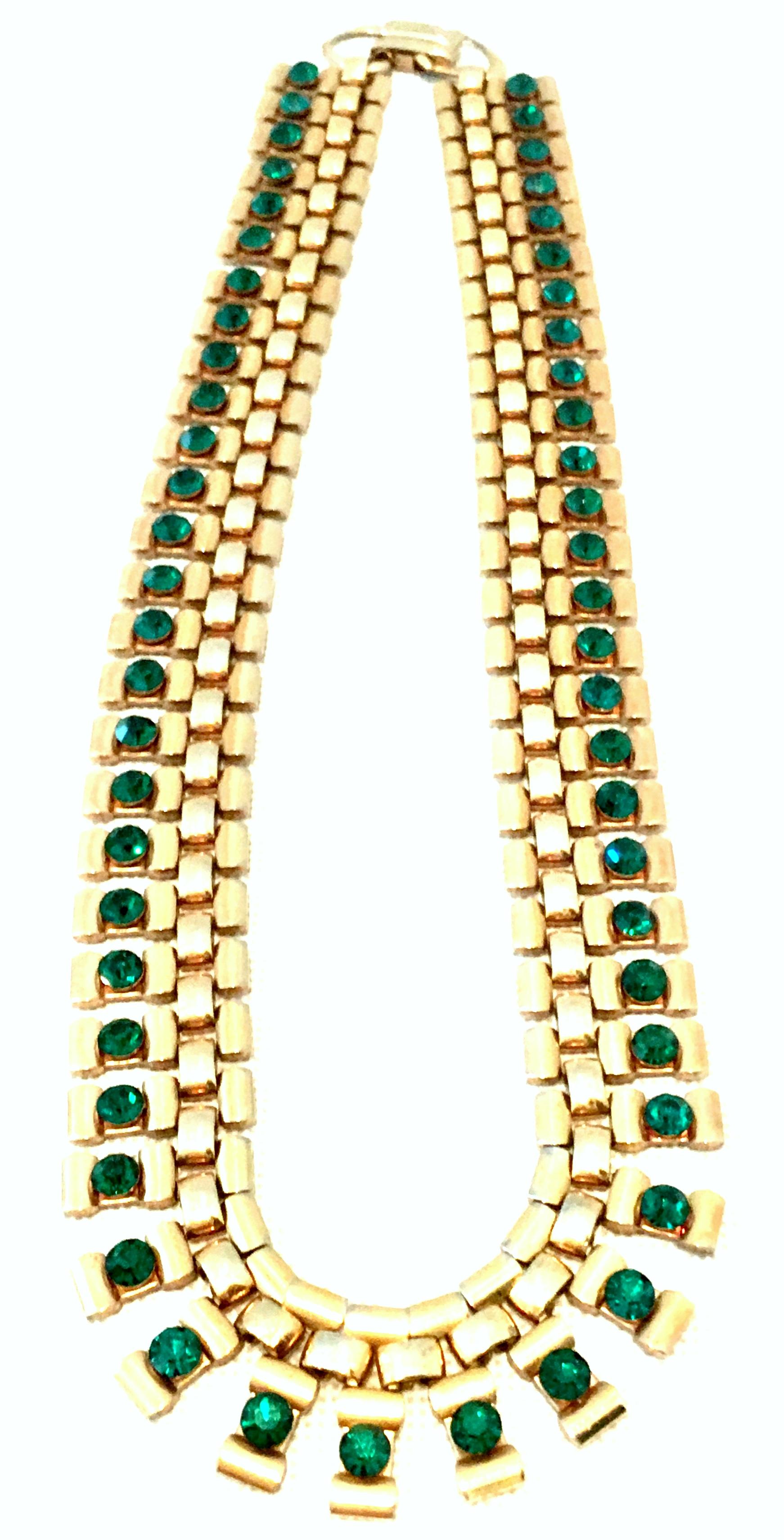 20th Century Gold Plate & Emerald Austrian Crystal Link Choker Style Necklace In Good Condition For Sale In West Palm Beach, FL