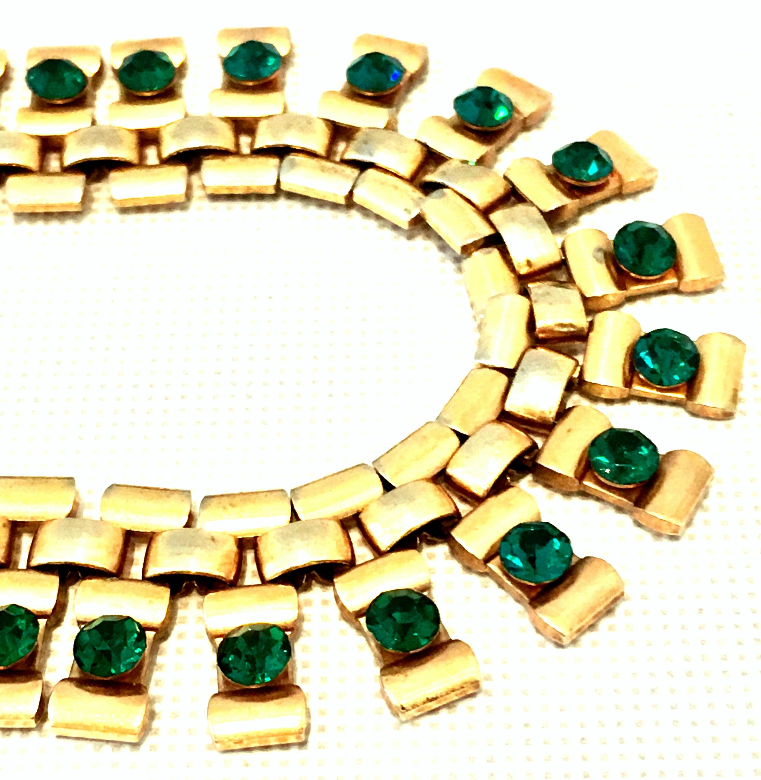 20th Century Gold Plate & Emerald Austrian Crystal Link Choker Style Necklace For Sale 2